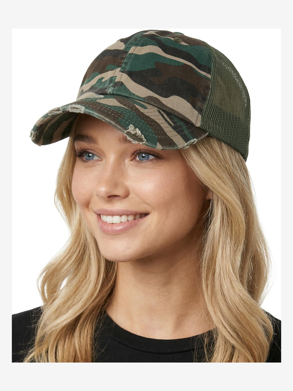 Distressed Mesh Low Profile Trucker Hat Snapback Cap | Camo | Size OS